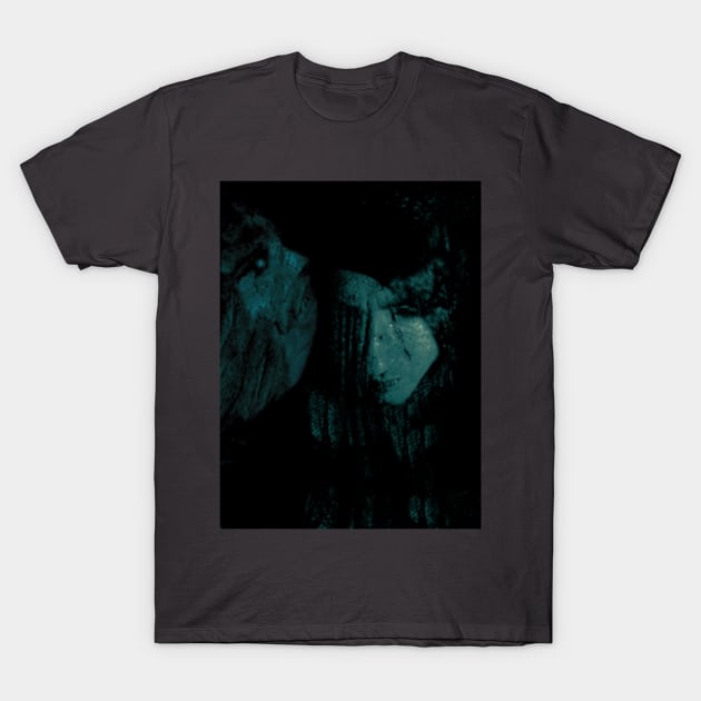 Portrait, collage, special processing. Man, dark costume, long hair, looking down. On left demon of gold. Aquamarine, like drawn. T-Shirt by 234TeeUser234